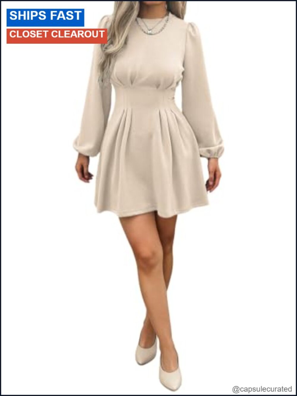 Business Casual A Line Short Dress Long Puff Sleeve High Waist
